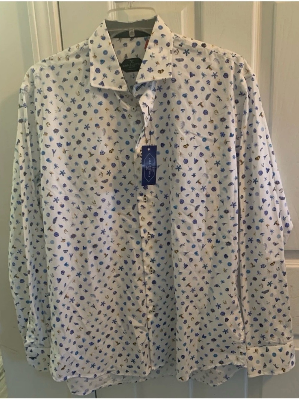Men's Button-Down Shirt - White with Blue Floral Print